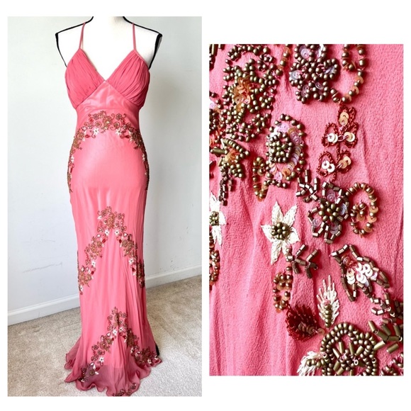Vintage Dresses & Skirts - Vintage 90s 100% Silk Bead Dress Silk Dress Floral Prom Dress Fairy Cottage Pink